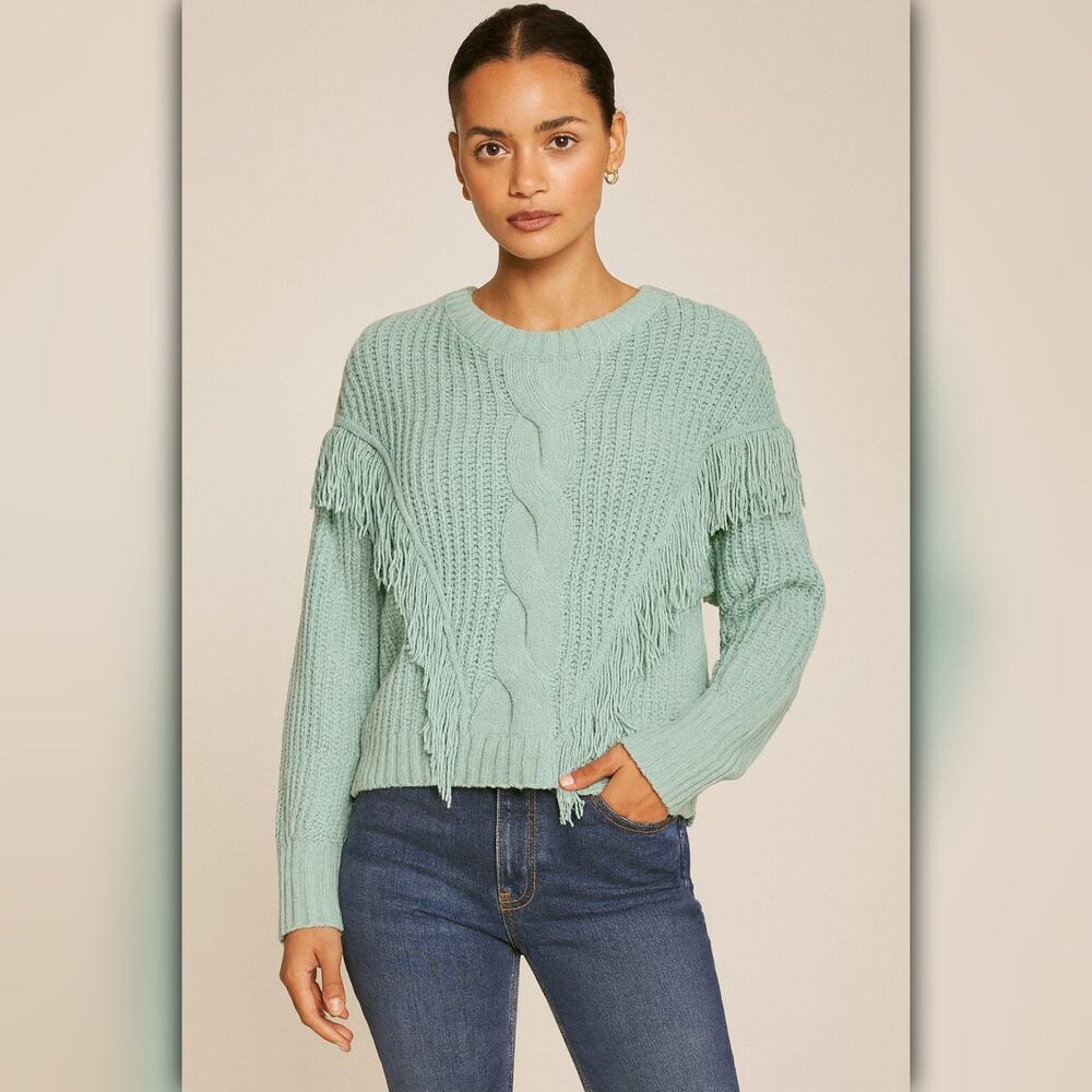 A489 • Chenille Cable Knit Fringe Crew Neck Sweater
